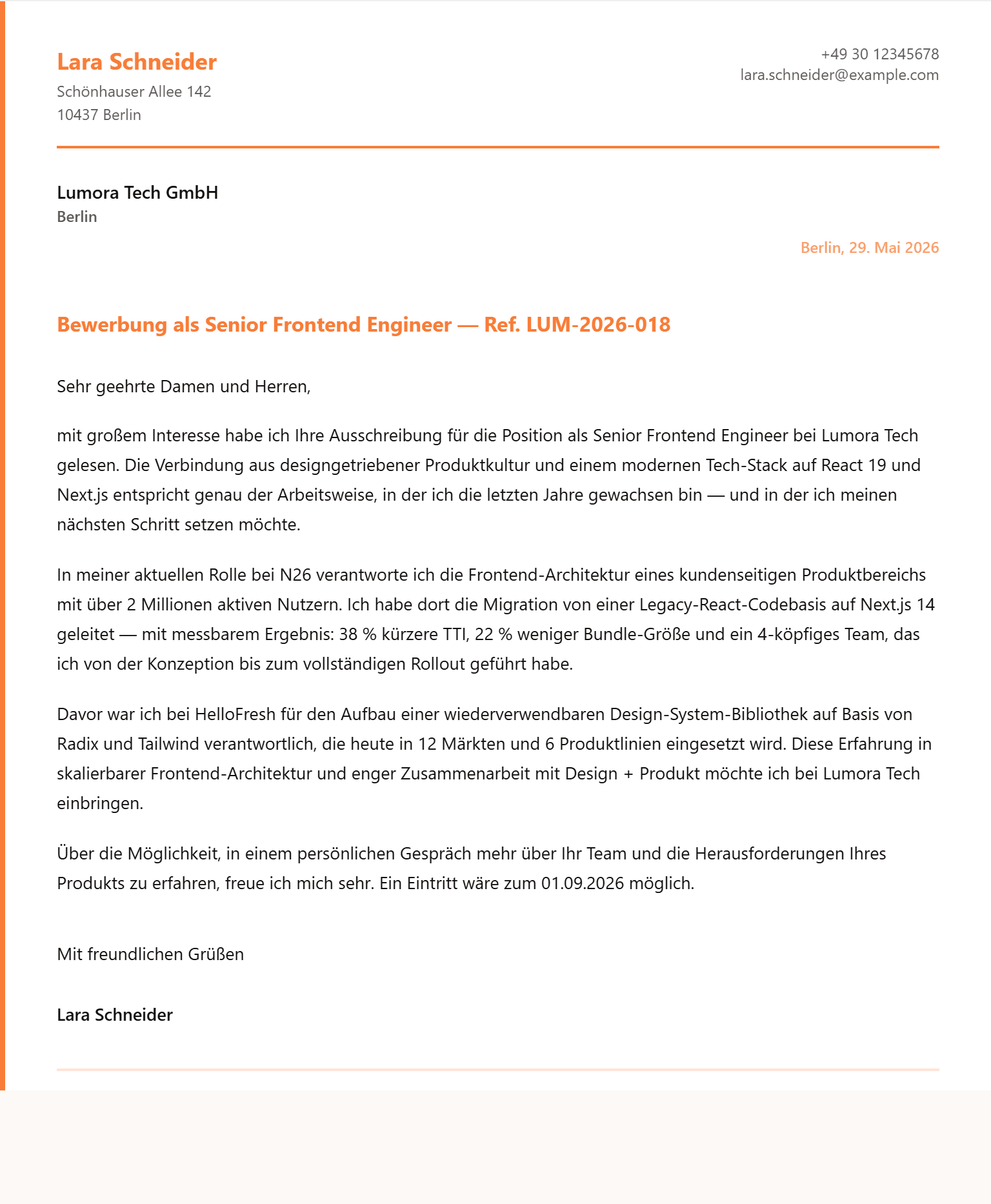 Anschreiben-Vorlage Modern — Beispiel-Output von Stellenschmiede