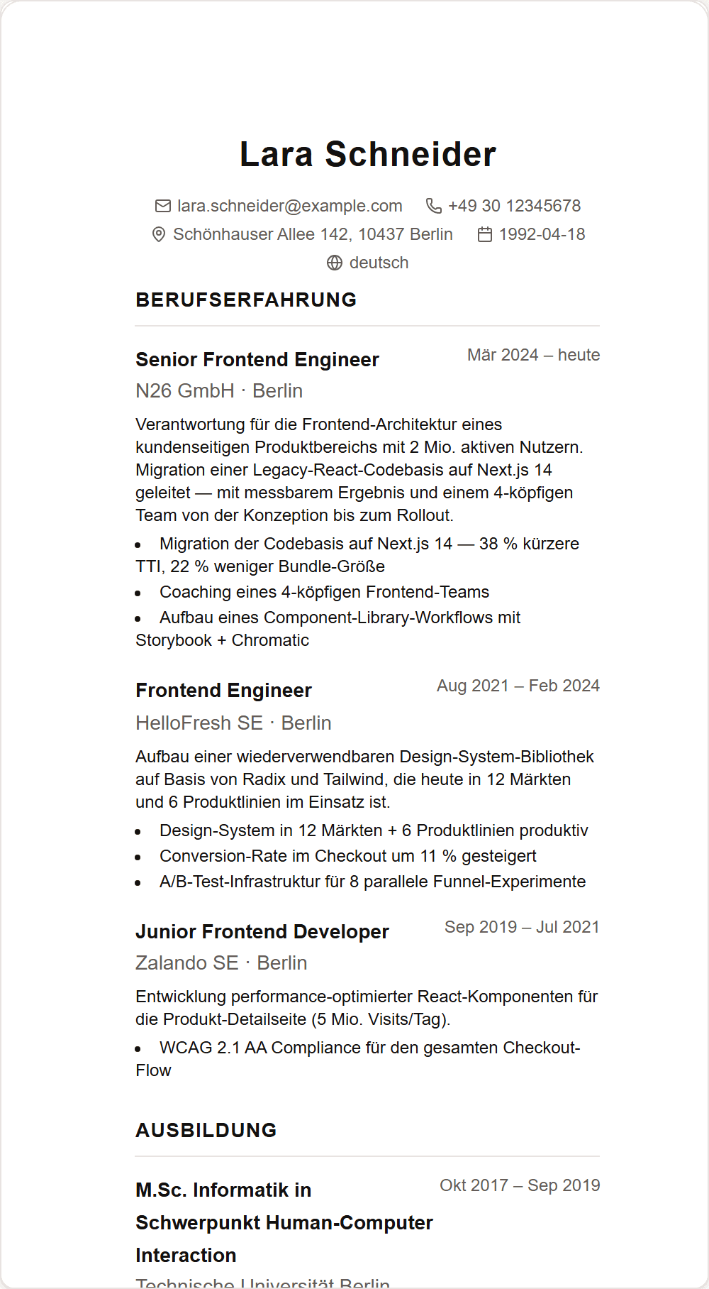 Lebenslauf-Vorlage Klassisch — Beispiel-Output aus dem Stellenschmiede CV-Editor