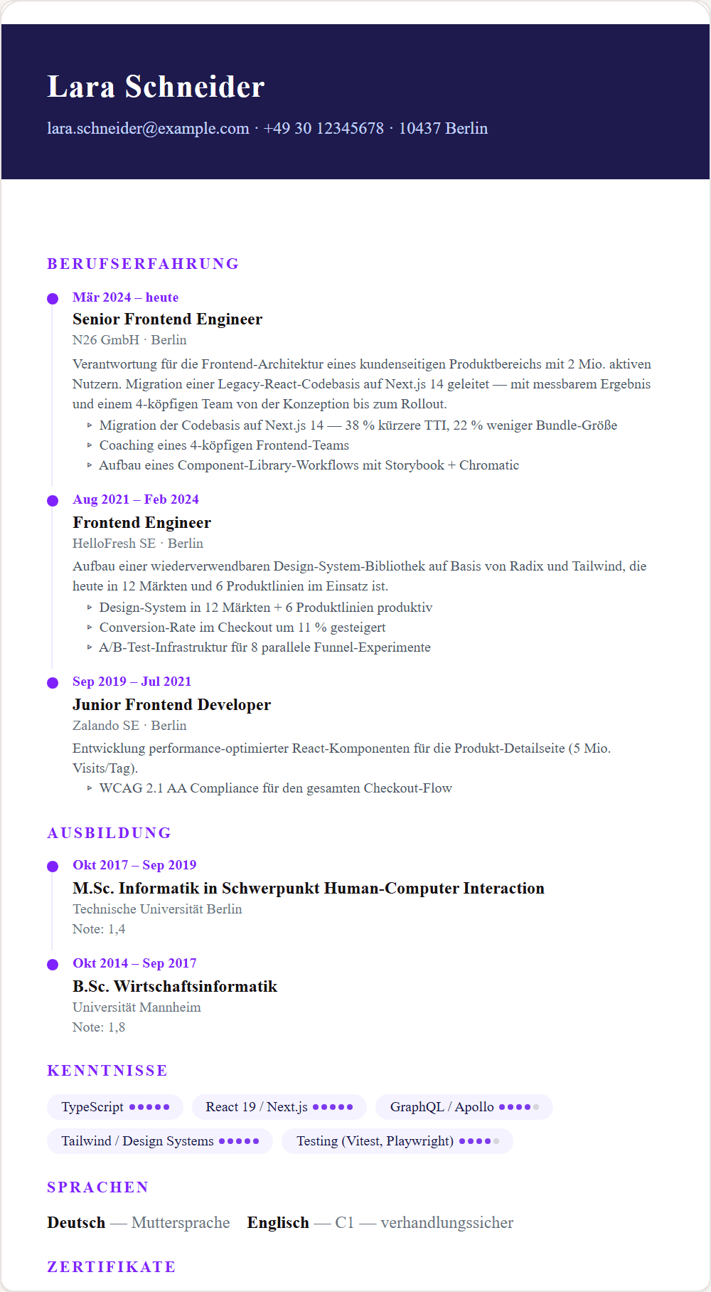 Lebenslauf-Vorlage Kreativ — Beispiel-Output aus dem Stellenschmiede CV-Editor