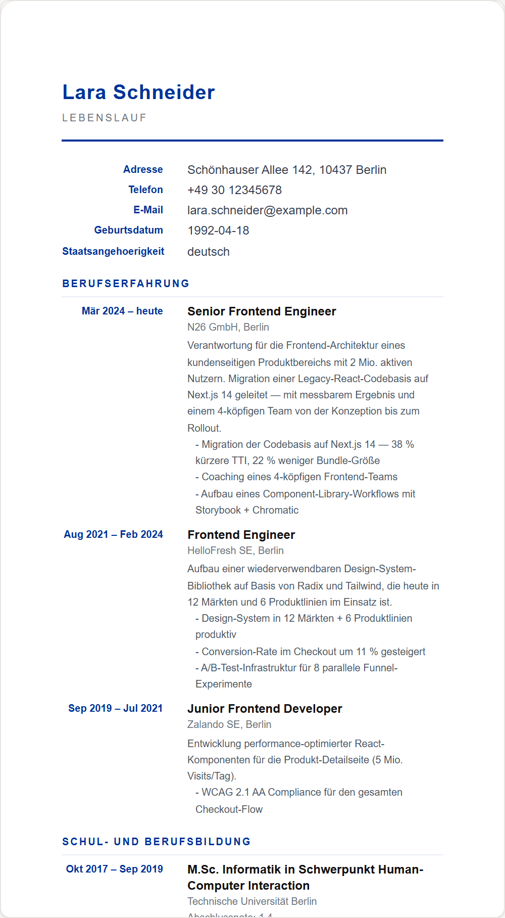 Lebenslauf-Vorlage Europass — Beispiel-Output aus dem Stellenschmiede CV-Editor
