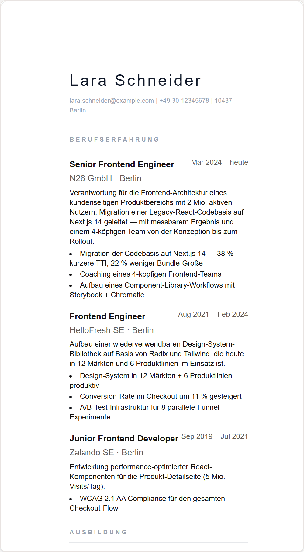 Lebenslauf-Vorlage Minimalistisch — Beispiel-Output aus dem Stellenschmiede CV-Editor