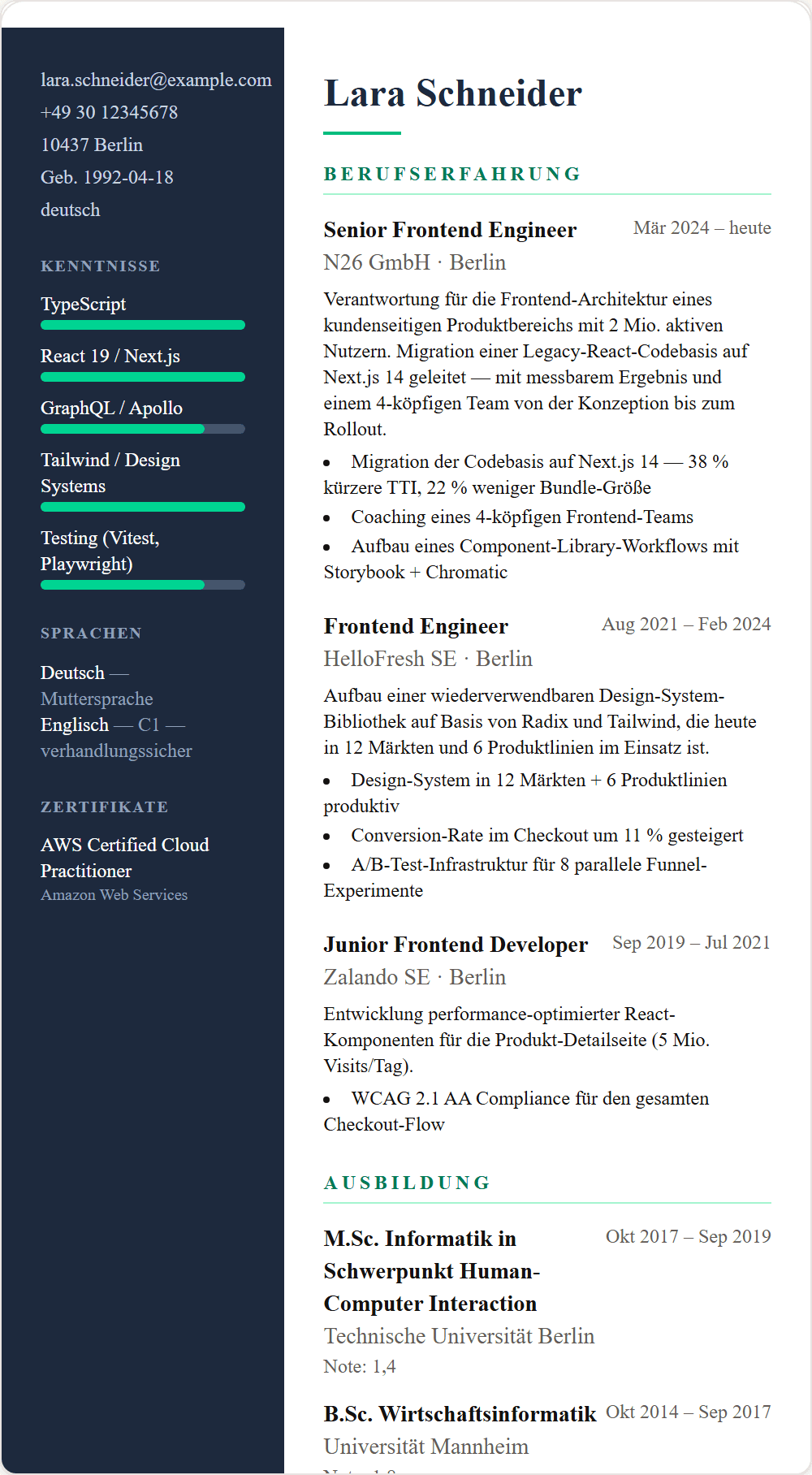 Lebenslauf-Vorlage Modern — Beispiel-Output aus dem Stellenschmiede CV-Editor