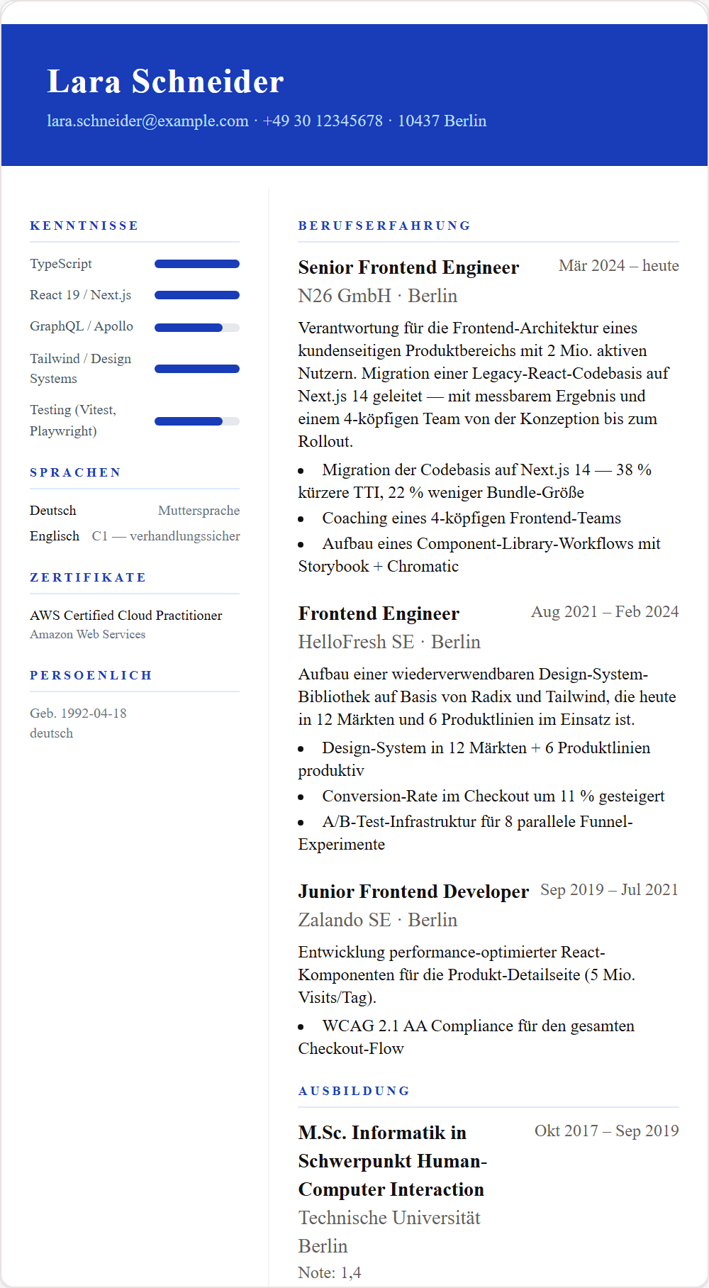 Lebenslauf-Vorlage Zwei-spaltig — Beispiel-Output aus dem Stellenschmiede CV-Editor
